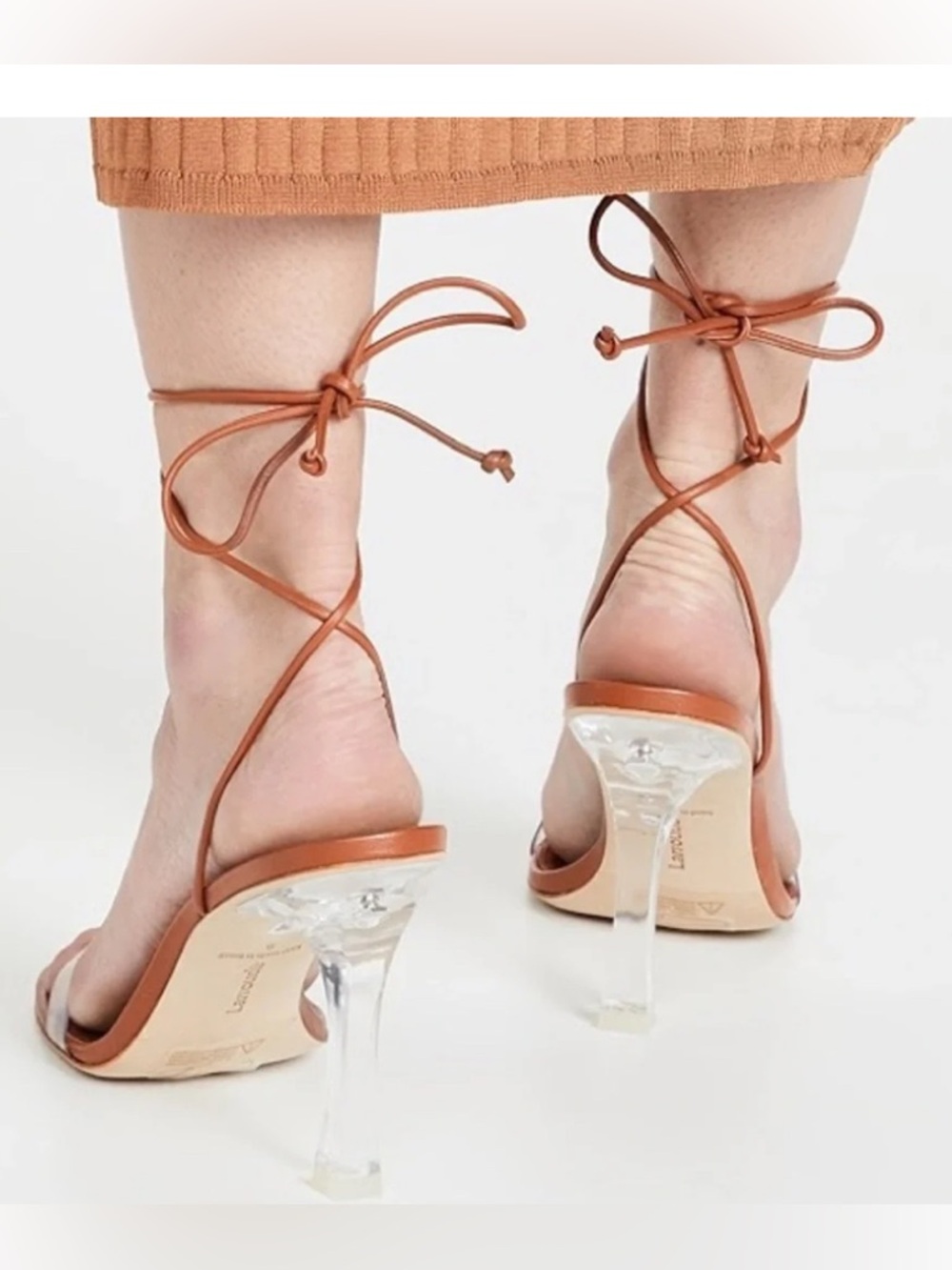 Larroude Leather Gloria Sandal Heels Lace Up Caramel Tan w Clear Heel 8.5 NIB - Picture 4 of 12